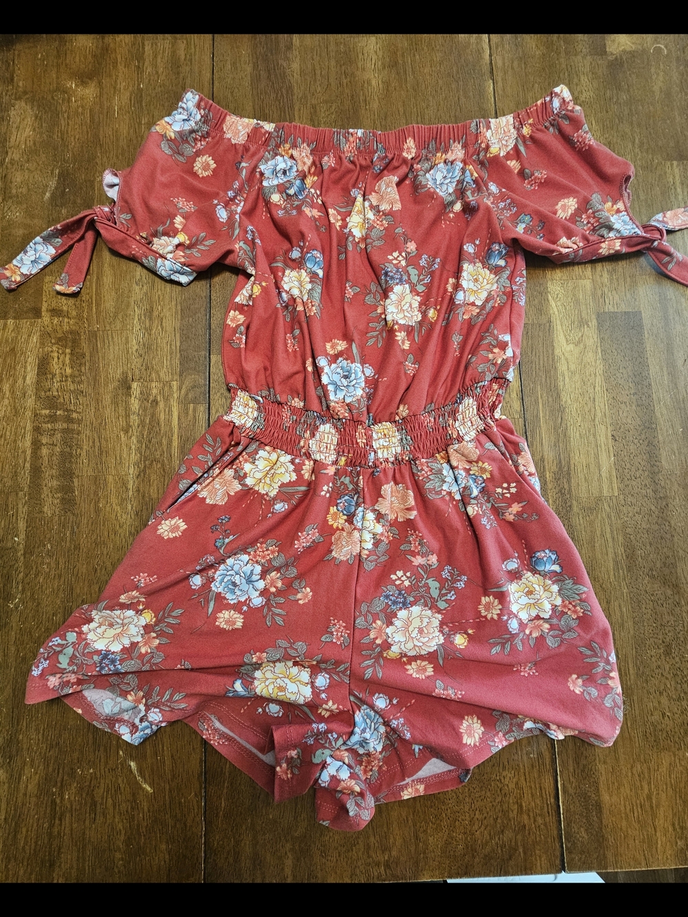 Derek Heart Red Floral Off-Shoulder Romper with Flower Accents